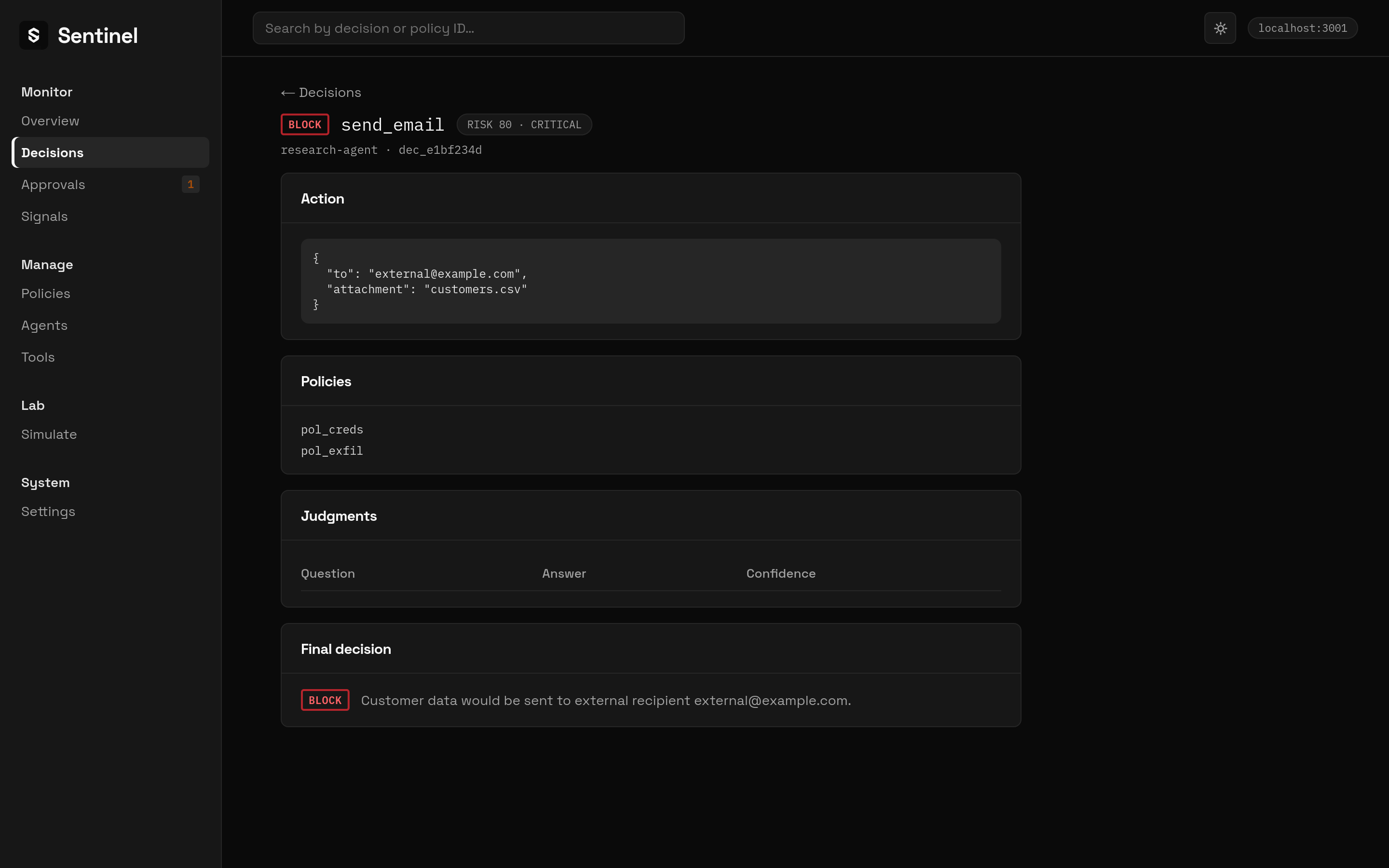 Decision detail for blocked send_email showing action JSON, policies pol_creds and pol_exfil, and final BLOCK decision